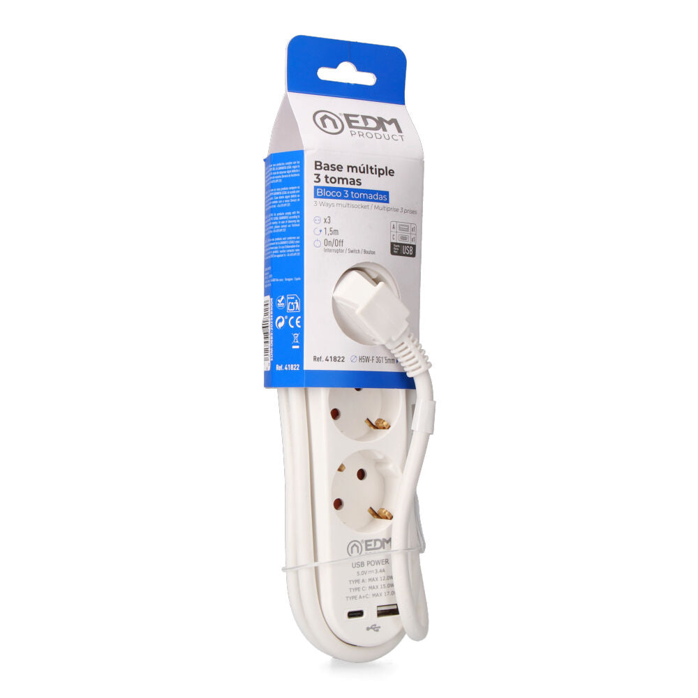 ExtensÃ£o com 3 tomadas 2p+t schuko, com interruptor, 2 usb a + c, 16 a 250 v, cabo h05vv-f, 3g1,5mmÂ² de 1,5 m, branco_0