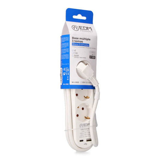 ExtensÃ£o com 3 tomadas 2p+t schuko, com interruptor, 2 usb a + c, 16 a 250 v, cabo h05vv-f, 3g1,5mmÂ² de 1,5 m, branco_0