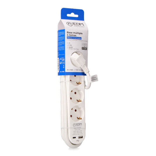 ExtensÃ£o com 4 tomadas 2 p+t schuko, com interruptor, 2 usb a + c, 16 a 250 v, cabo h05vv-f, 3g1,5mmÂ² de 1,5 m, branco_0