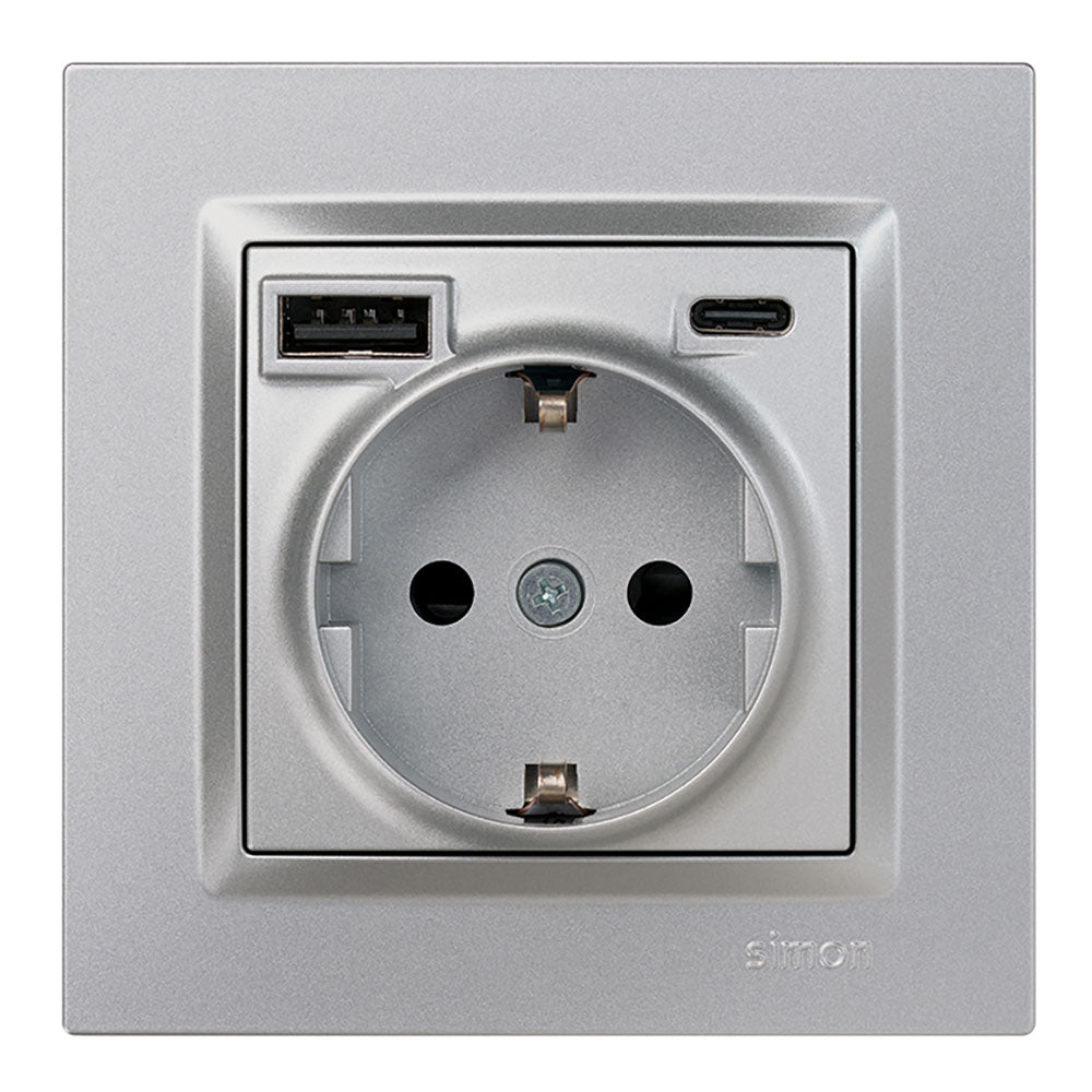 Base tomada schuko + usb a+ c 10,5 w 16 a 250 v~, simon 10, alumÃ­nio_0