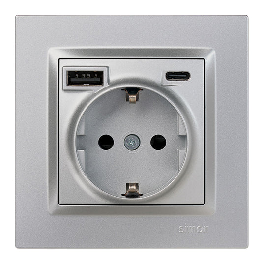 Base tomada schuko + usb a+ c 10,5 w 16 a 250 v~, simon 10, alumÃ­nio_0