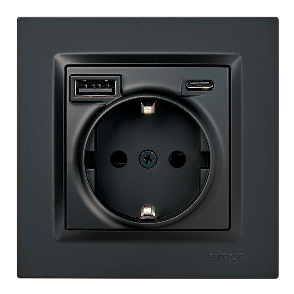 Base tomada schuko + usb a+ c 10,5 w 16 a 250 v~, simon 10, preto_0