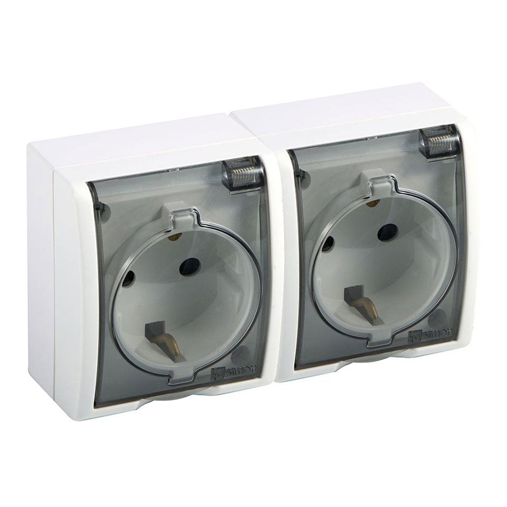 Tomada dupla schuko de superfÃ­cie, 2 pinos + conector, 16 a 250 v~, ip54, sÃ©rie aquarius, branca com tampa transparente, blister_0