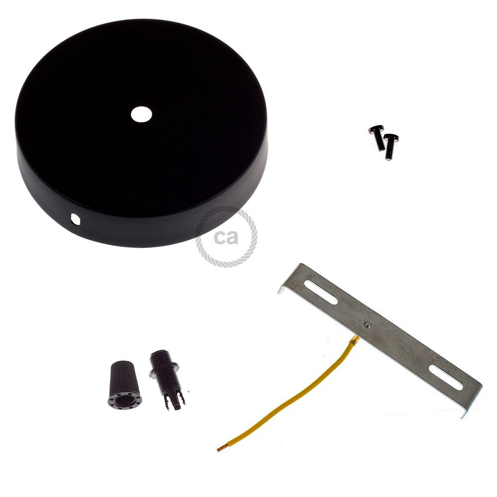 Suporte para lÃ¢mpada pendente de metal Ã¸120 x 25 mm, orifÃ­cio central 10 mm, com prensa cabos de plÃ¡stico, preto fosco_0