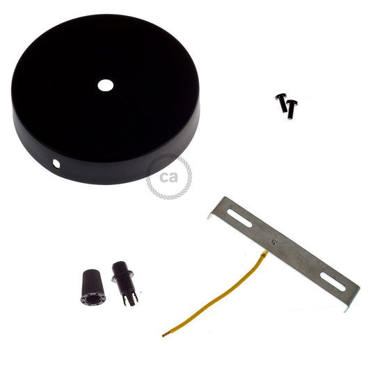 Suporte para lÃ¢mpada pendente de metal Ã¸120 x 25 mm, orifÃ­cio central 10 mm, com prensa cabos de plÃ¡stico, preto fosco_0