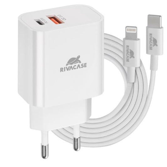 Wall charger white PD 20W + QC3.0, USB-A + USB-C, with USB-C/Lightning cable_0