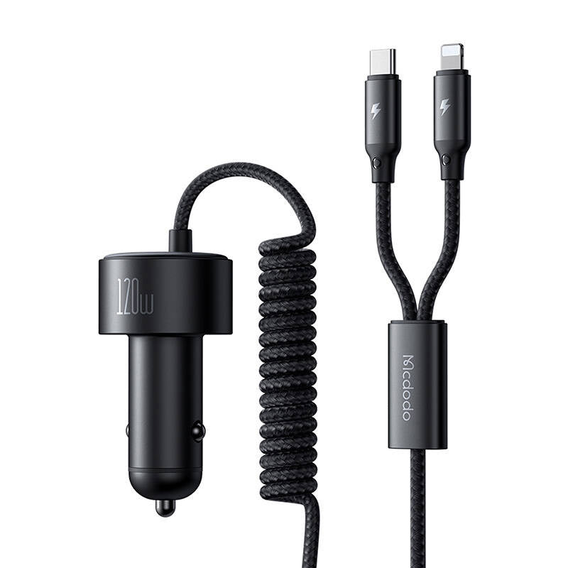 Mcdodo CC-0370 car charger, USB-C, Lightning, 120W, retractable cables_1