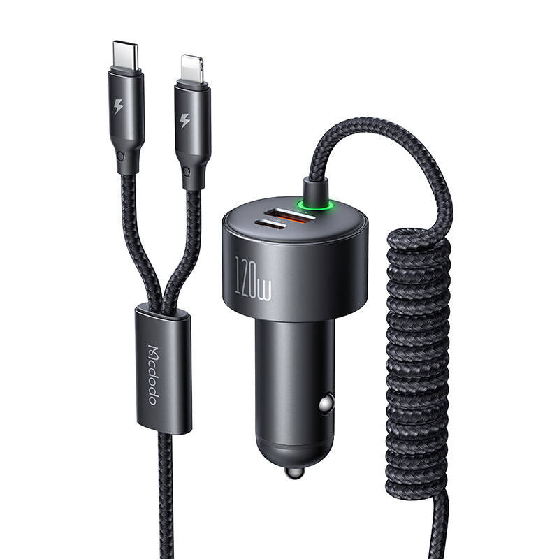 Mcdodo CC-0370 car charger, USB-C, Lightning, 120W, retractable cables_0