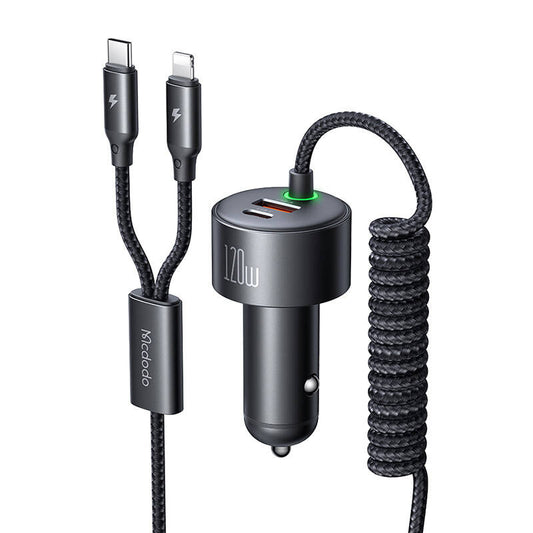 Mcdodo CC-0370 car charger, USB-C, Lightning, 120W, retractable cables_0