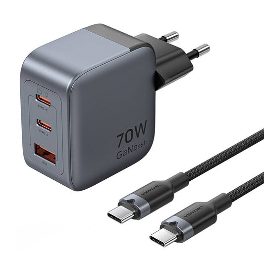 GaN Vention USB-C+C+A 70W Charger + USB-C-C Cable 1m (Gray)_0