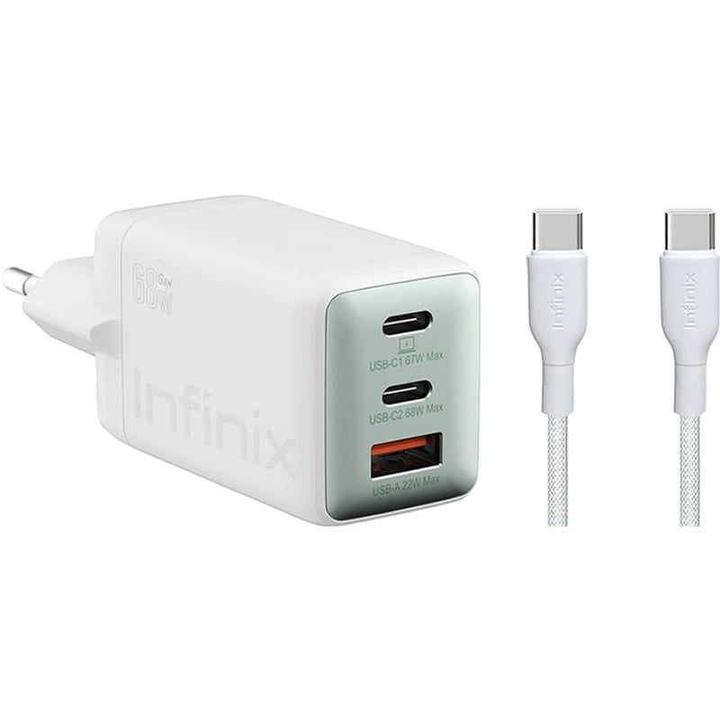 Carregador de Parede Infinix 68W USB A e 2 USB C com Cabo Branco