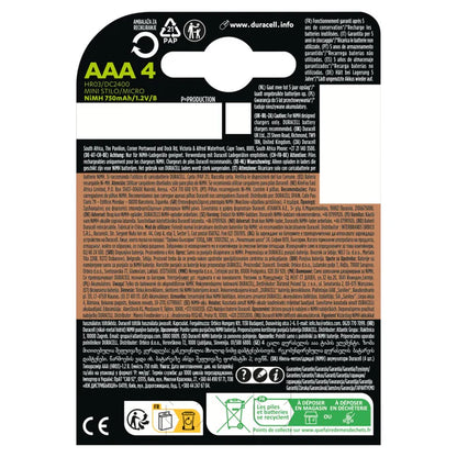 Duracell Blister Pilhas Recarregáveis HR03 AAA 750 MAH 4 Uni.