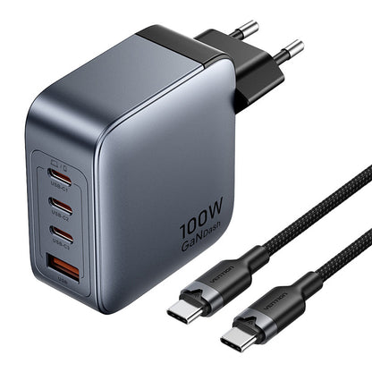Vention power charger 3x USB-C, 1x USB-A, (100W/100W/30W/30W) (grey) with USB-C to USB-C cable (1m) (black)_0