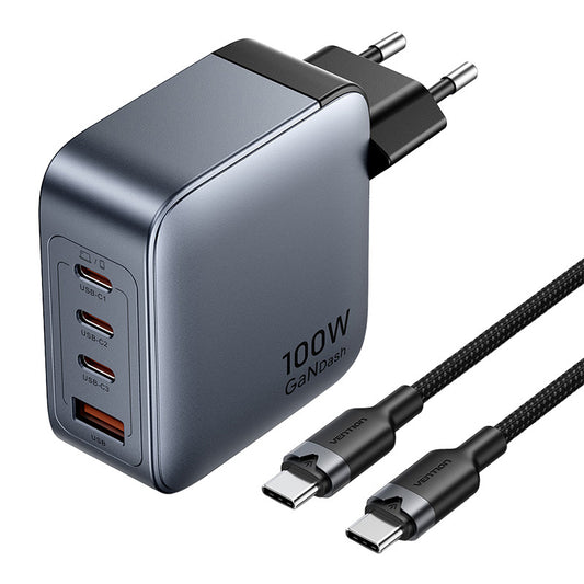 Vention power charger 3x USB-C, 1x USB-A, (100W/100W/30W/30W) (grey) with USB-C to USB-C cable (1m) (black)_0