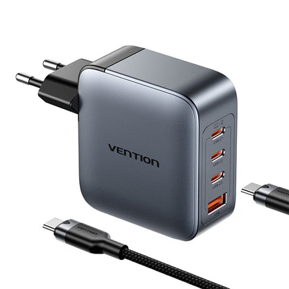 Vention power charger 3x USB-C, 1x USB-A, (100W/100W/30W/30W) (grey) with USB-C to USB-C cable (1m) (black)_1