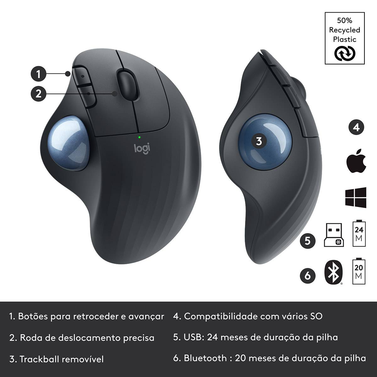 Rato Óptico Logitech Ergo M575S Wireless/Bluetooth Trackball 2000DPI Grafite