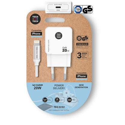Cargador de Pared Tech One Tech TEC2222/ 1xUSB Tipo-C + Cable Lightning/ 20W/ Blanco_1