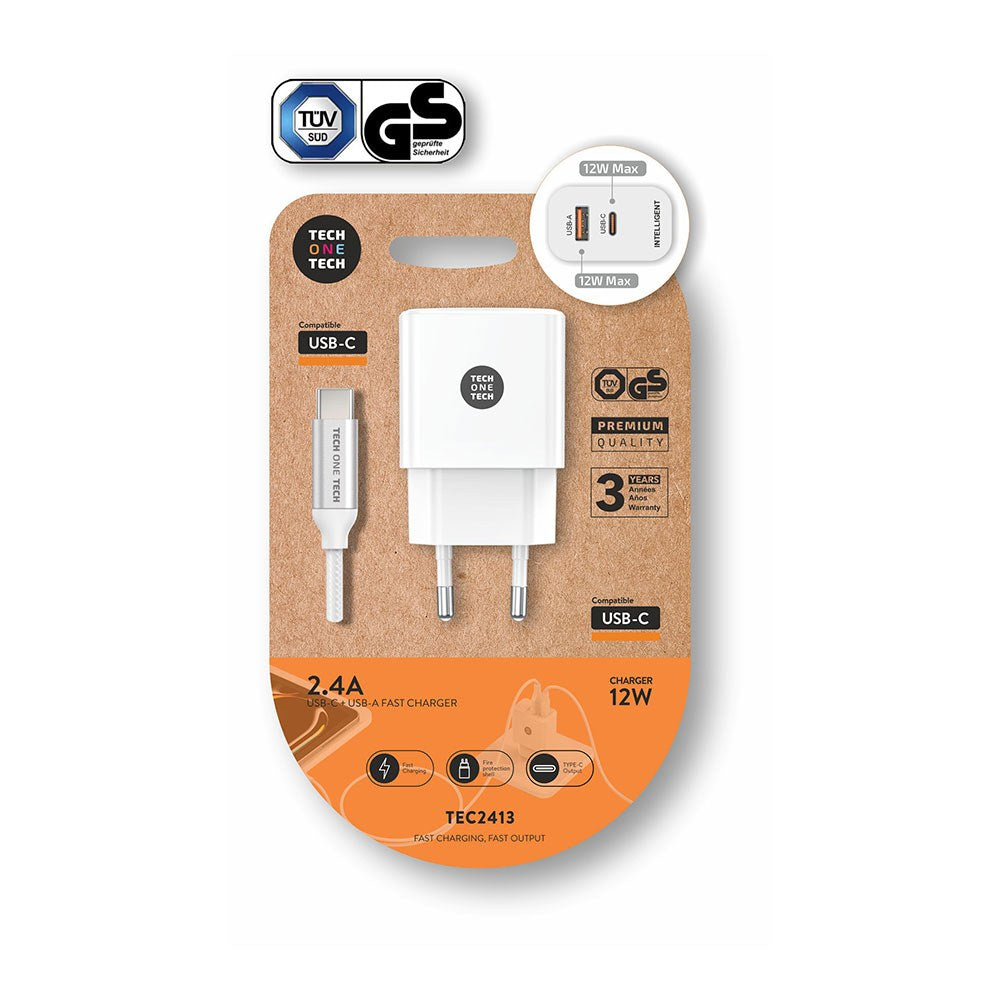Cargador de Pared Tech One Tech TEC2413/ 1xUSB Tipo-C/ 1xUSB + Cable USB Tipo-C/ 12W/ Blanco_1