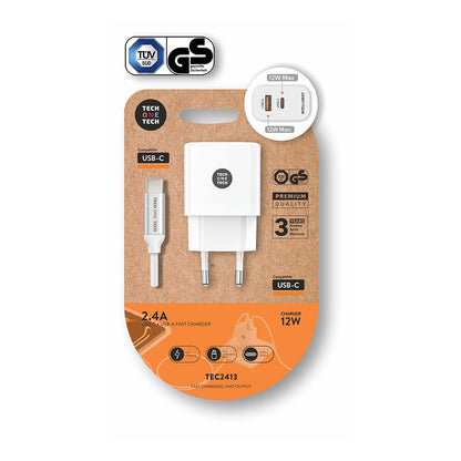 Cargador de Pared Tech One Tech TEC2413/ 1xUSB Tipo-C/ 1xUSB + Cable USB Tipo-C/ 12W/ Blanco_1