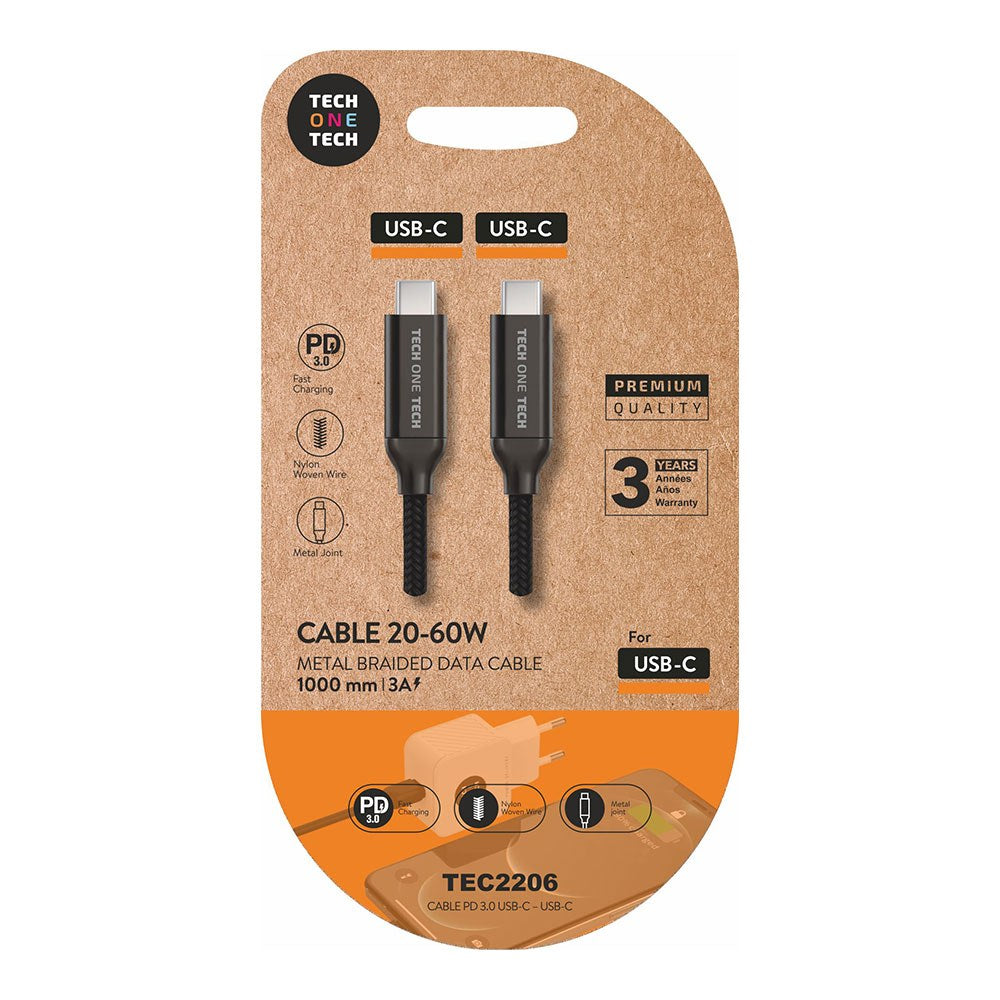 Cable USB 2.0 Tipo-C Tech One Tech TEC2206/ USB Tipo-C Macho - USB Tipo-C Macho/ Hasta 60W/ 480Mbps/ 1m/ Negro_1