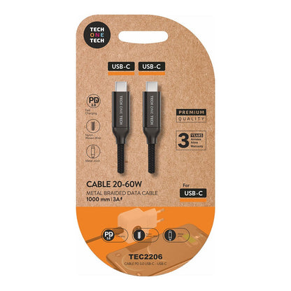 Cable USB 2.0 Tipo-C Tech One Tech TEC2206/ USB Tipo-C Macho - USB Tipo-C Macho/ Hasta 60W/ 480Mbps/ 1m/ Negro_1