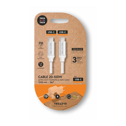 Cable USB 2.0 Tipo-C Tech One Tech TEC2210/ USB Tipo-C Macho - USB Tipo-C Macho/ Hasta 100W/ 480Mbps/ 1.5m/ Blanco_1