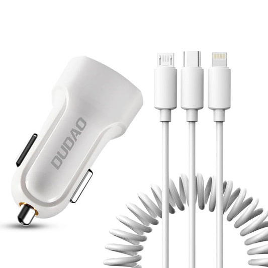 Dudao car kit charger 2x USB 2.4A + cable USB 3in1 Lightning / Type C / micro USB cable white (R7 white)_0
