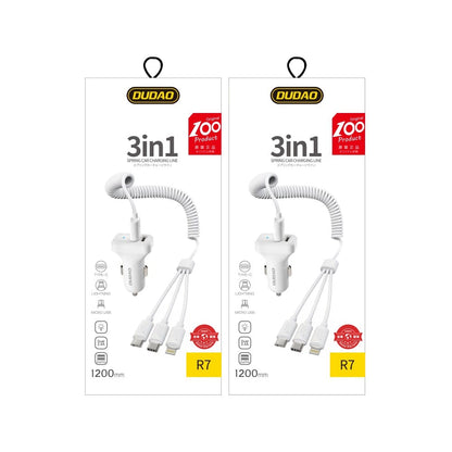 Dudao car kit charger 2x USB 2.4A + cable USB 3in1 Lightning / Type C / micro USB cable white (R7 white)_7