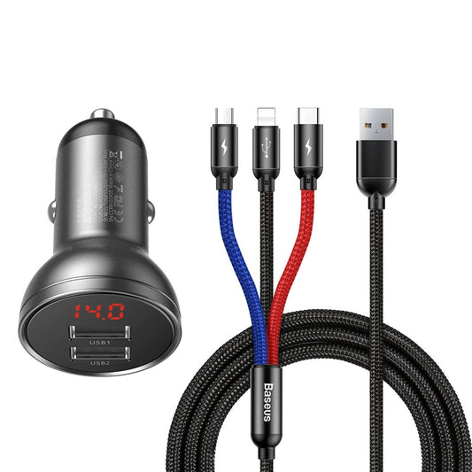 Baseus 2x USB 4.8A 24W car charger with LCD + 3in1 cable USB - USB Type C / micro USB / Lightning 1.2m black (TZCCBX-0G)_0