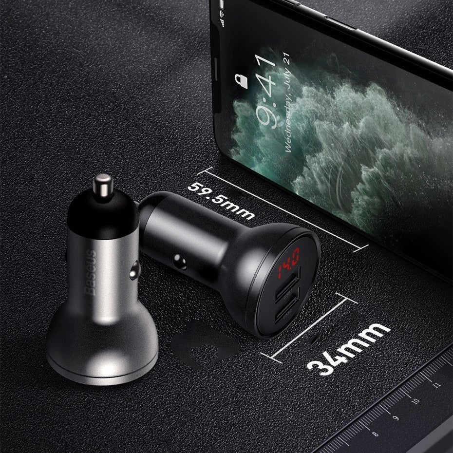Baseus 2x USB 4.8A 24W car charger with LCD + 3in1 cable USB - USB Type C / micro USB / Lightning 1.2m black (TZCCBX-0G)_11