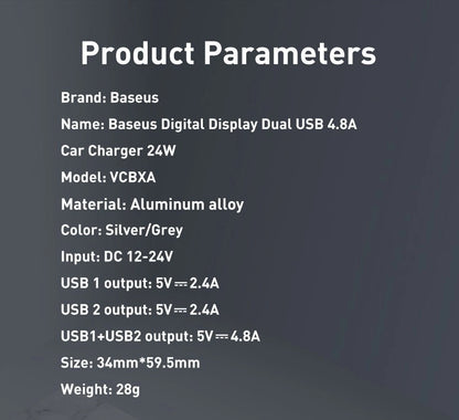 Baseus 2x USB 4.8A 24W car charger with LCD + 3in1 cable USB - USB Type C / micro USB / Lightning 1.2m black (TZCCBX-0G)_17