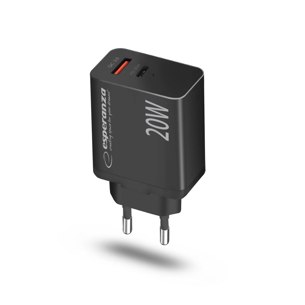 Esperanza Quick Fast Charger 20W USB-C PD 20W / USB-A QC 3.0 18W Preto