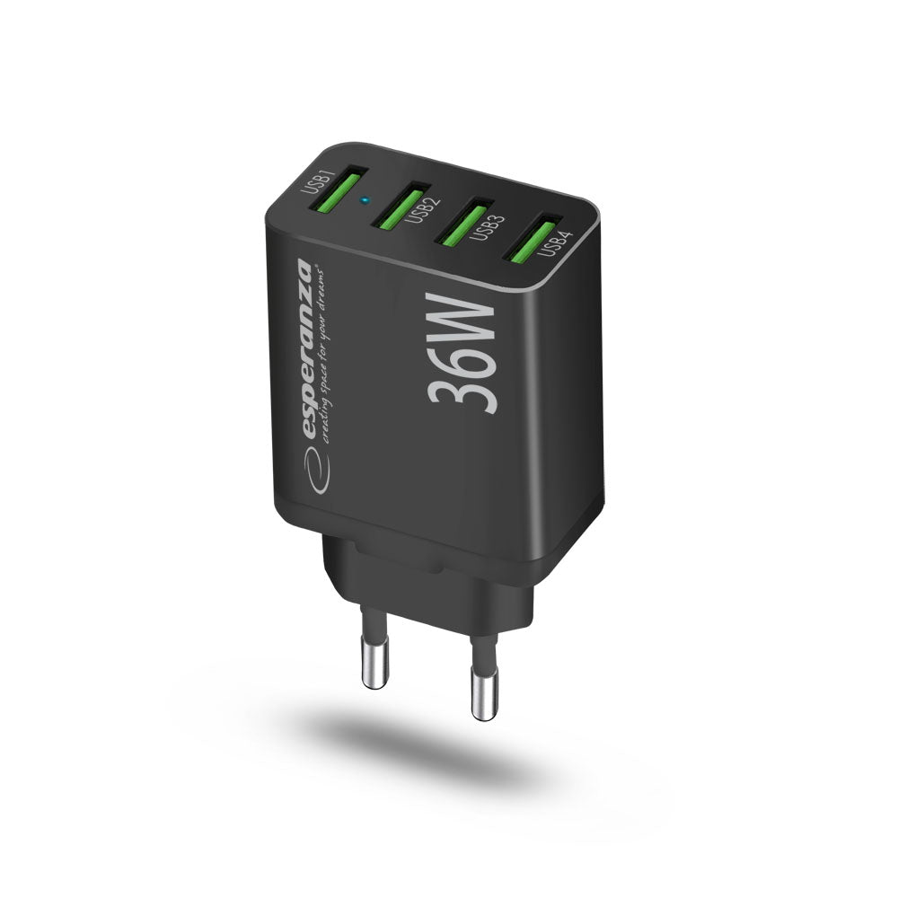 Esperanza Quick Fast Charger 36W 4x USB-A QC 3.0 18W Preto