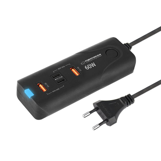 Esperanza Quick Fast Charger 60W 2x USB-C PD 30W / 2x USB-A QC 3.0 18W Preto
