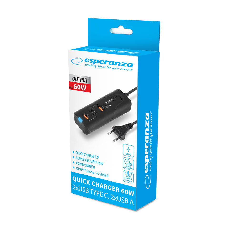 Esperanza Quick Fast Charger 60W 2x USB-C PD 30W / 2x USB-A QC 3.0 18W Preto