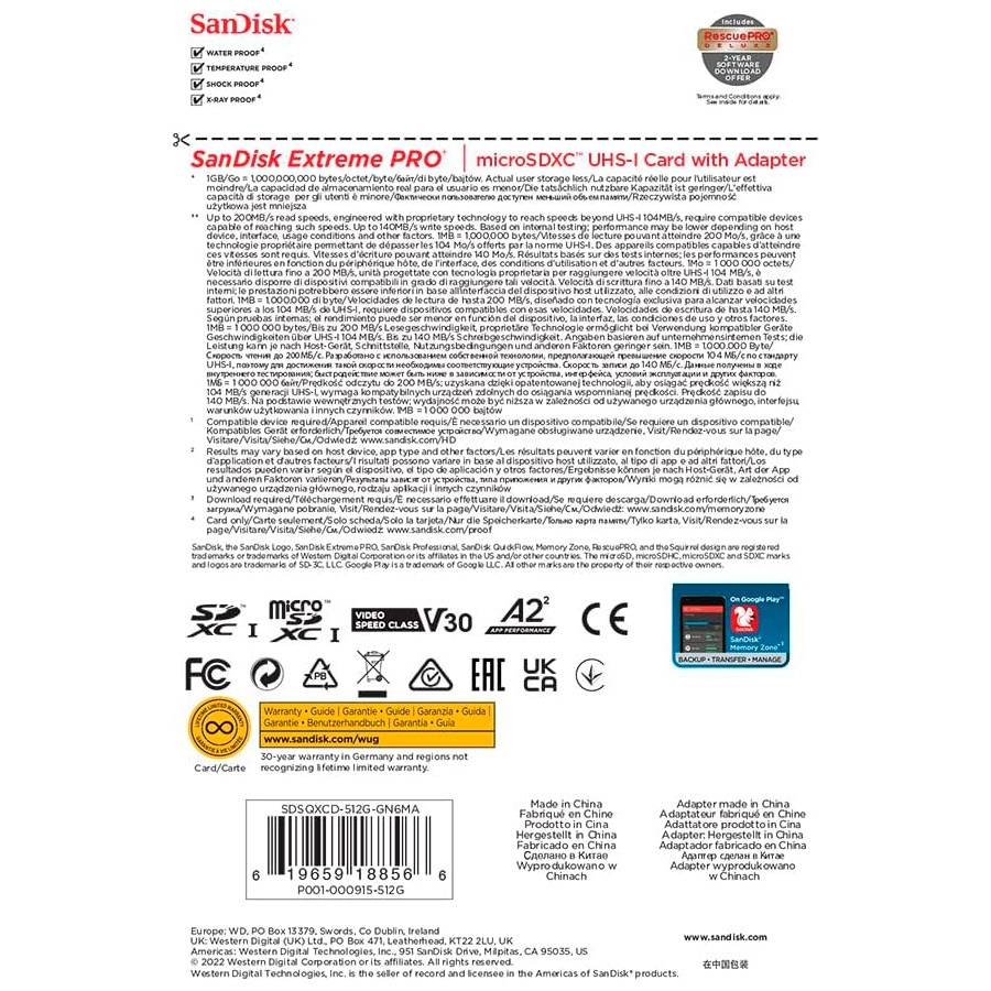 Cartão de Memória microSDXC SanDisk Extreme PRO 512GB (200MB/s) UHS-I, U3, V30, A2 + Adaptador SD_0