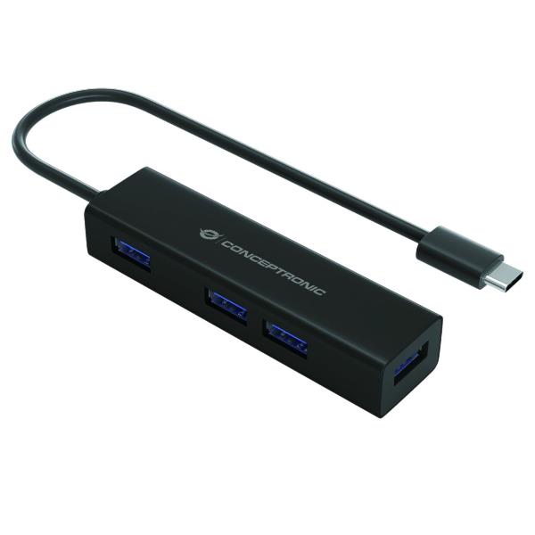 CONCEPTRONIC HUB USB-C 4 PORT USB3.0 ALUMINIO PRETO_0