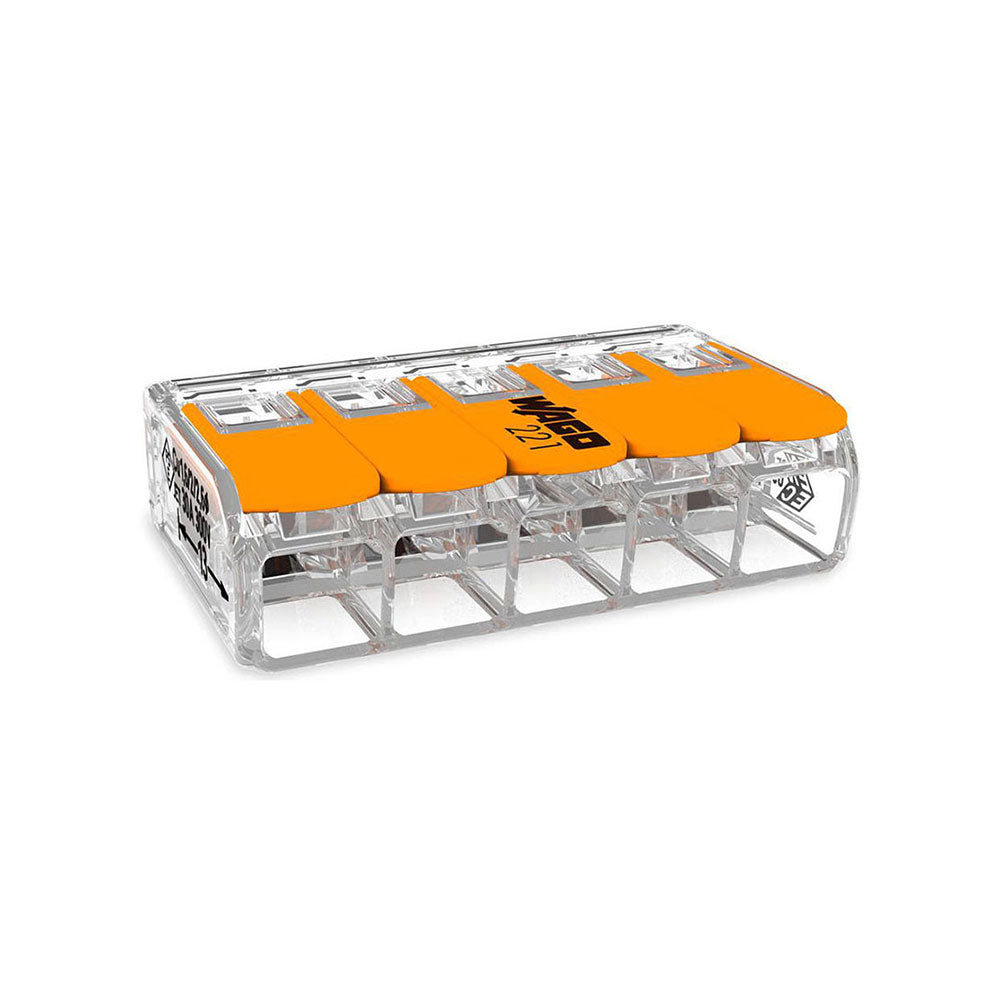 Conector rÃ¡pido com alavanca 5 condutores, Ã¸ mÃ¡ximo 6 mmÂ², 450 v, 41 a; transparente; 63,7 x 21,1 x 10,1 mm_0