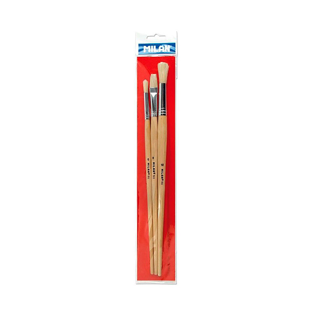 BlÃ­ster com 3 pincÃ©is para Ã³leo, acrÃ­lico serie 512 nÂ° 6 e 10, serie 522 nÂ° 8 milan_0