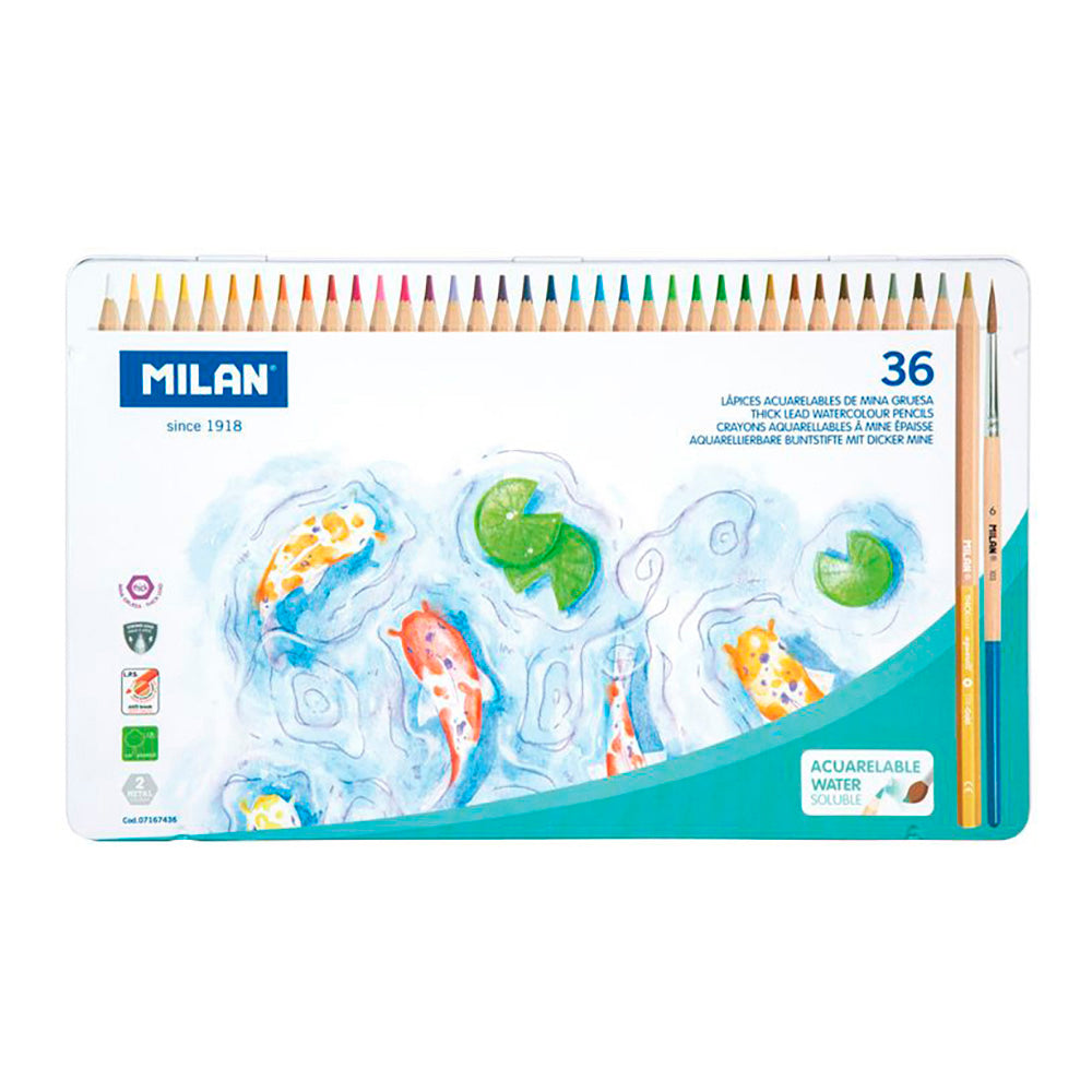 Caixa metÃ¡lica com 36 lÃ¡pis de cor, cores aquarelas, mina grossa de Ã¸3,5mm hexagonais + pincel milan_0
