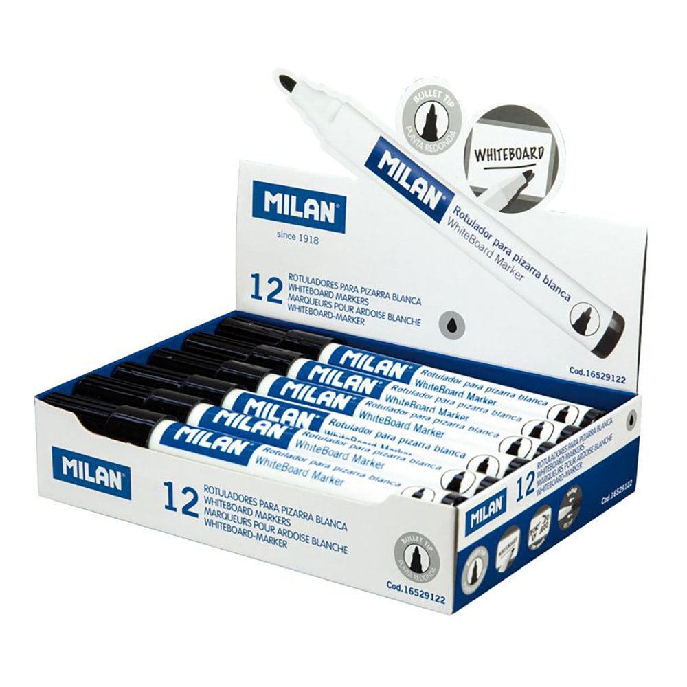 Caixa de 12 marcadores pretos Ã¸4,7mm para quadro-branco milan_0