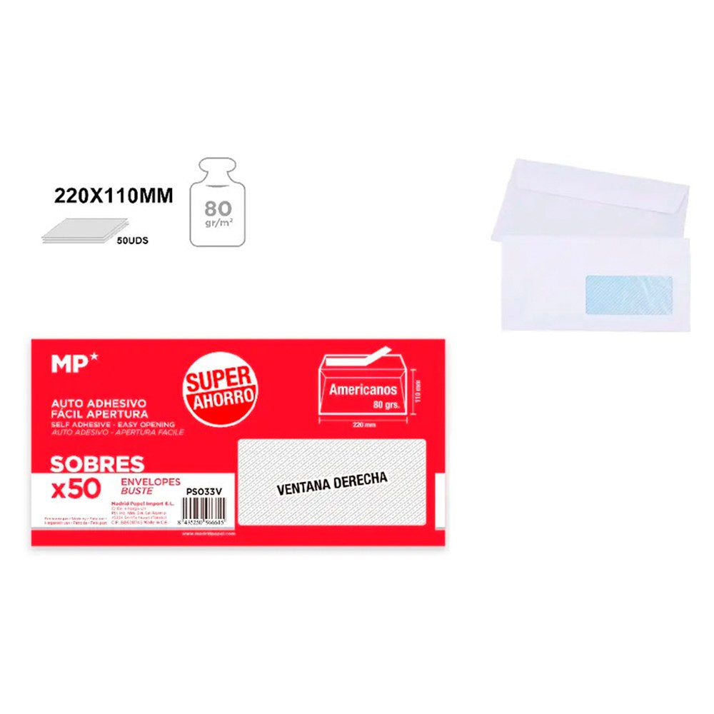 Envelope branco auto-adesivo, americano com janela, 220 x 110 mm, 50 un_0