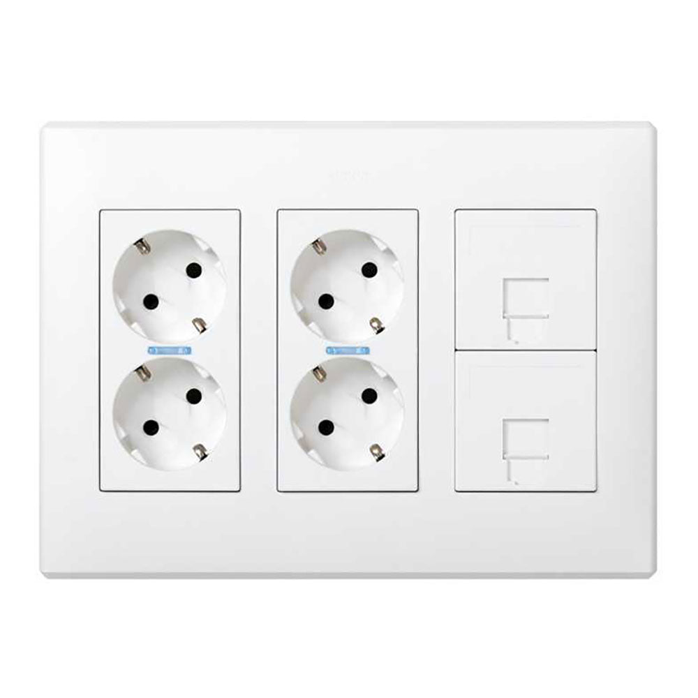 Caixa com 6 mecanismos, 4 schuko brancos + 2 rj45, de superfÃ­cie ou embutido. branco. simon 500 cima_0