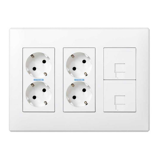 Caixa com 6 mecanismos, 4 schuko brancos + 2 rj45, de superfÃ­cie ou embutido. branco. simon 500 cima_0