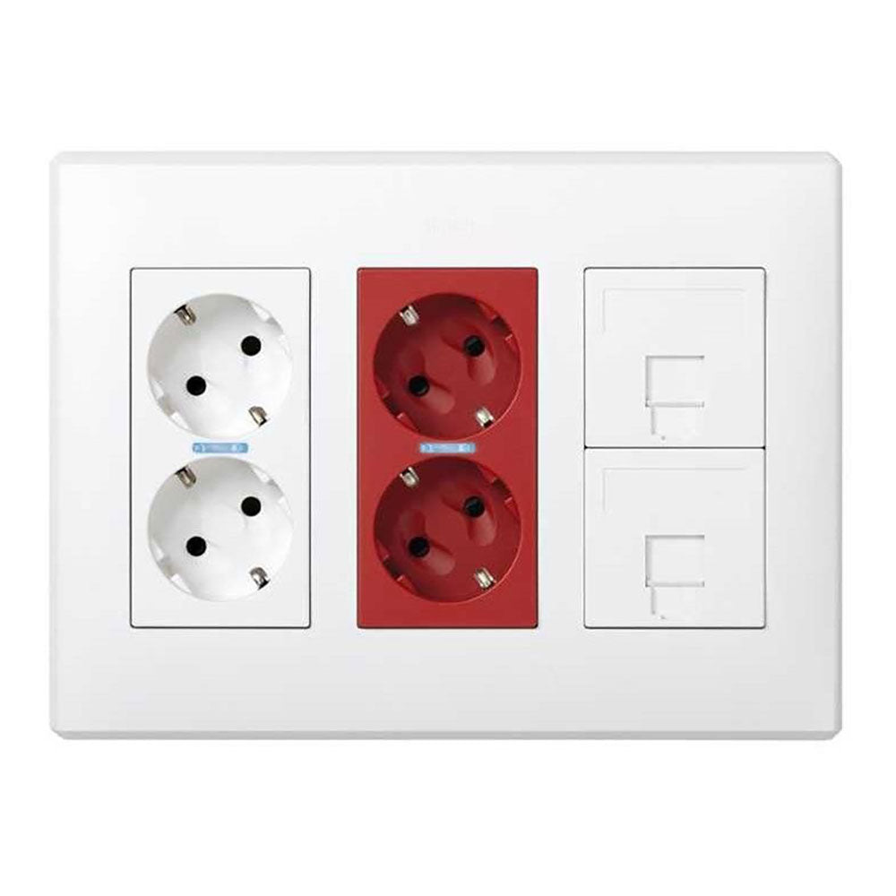 Caixa simon 500 cima com 6 mecanismos, 2 schukos brancos + 2 schukos vermelhos + 2 rj45, de superfÃ­cie ou embutido. branco_0