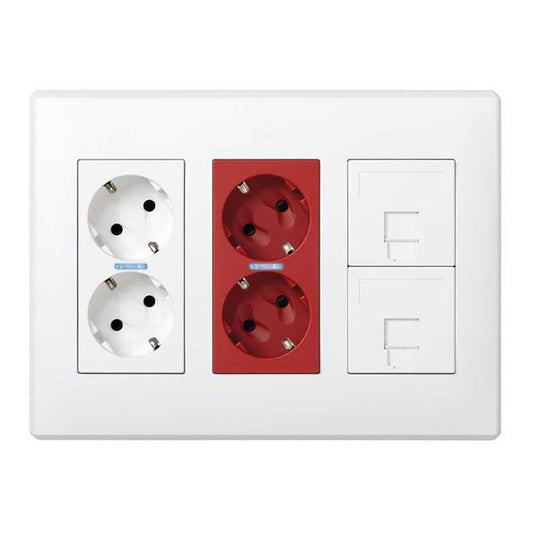 Caixa simon 500 cima com 6 mecanismos, 2 schukos brancos + 2 schukos vermelhos + 2 rj45, de superfÃ­cie ou embutido. branco_0