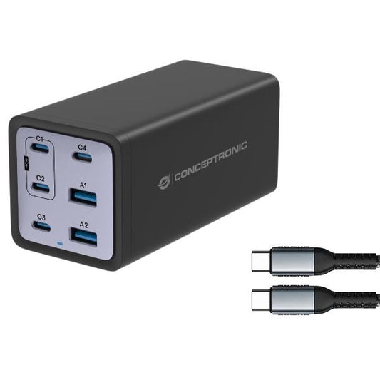 CARICATORE PD USB GaN 6-PORTE da 200 W con cavo di ricarica USB-C, (4x USB-C, 2x USB-A, QC_0