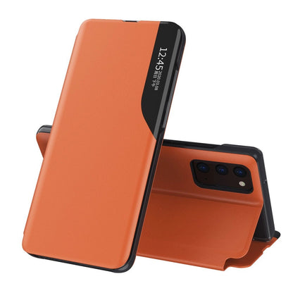 Eco Leather View Case elegant bookcase type case with kickstand for Samsung Galaxy A72 4G orange_0