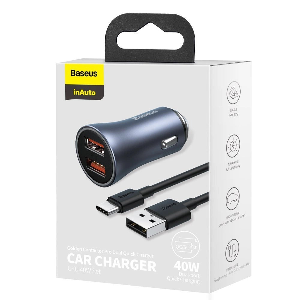 Baseus Golden Contactor Pro fast car charger 2x USB 40 W Quick Charge SCP FCP AFC + USB cable - USB Type C gray (TZCCJD-A0G)_14