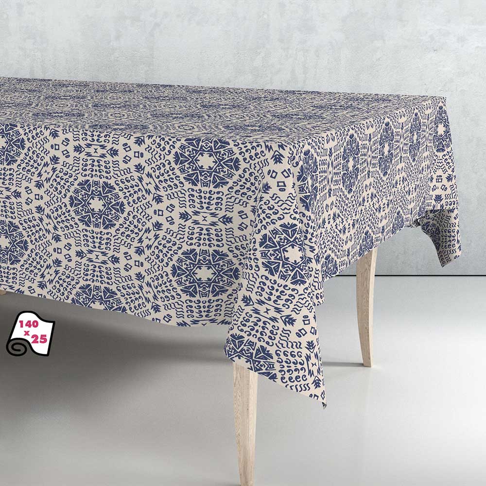 Rolo de toalha de mesa anti-nÃ³doas mandala azul 140cm x 25m exma_0